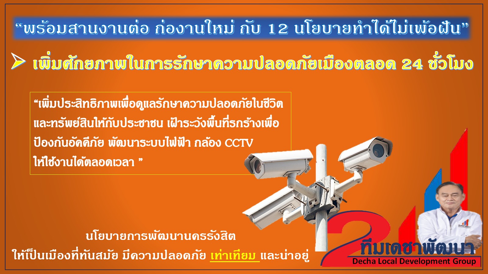 ดร.เดชา กลิ่นกุสุม ผู้สมัครนายกเทศมนตรีนครรังสิต เบอร์ 2
พร้อมผู้สมัครสมาชิกสภาเทศบาลนครรังสิต ทีมเดชาพัฒนา พร้อมสานงานต่อ
ก่องานใหม่ กับ 12 นโยบายทำได้ไม่เพ้อฝัน