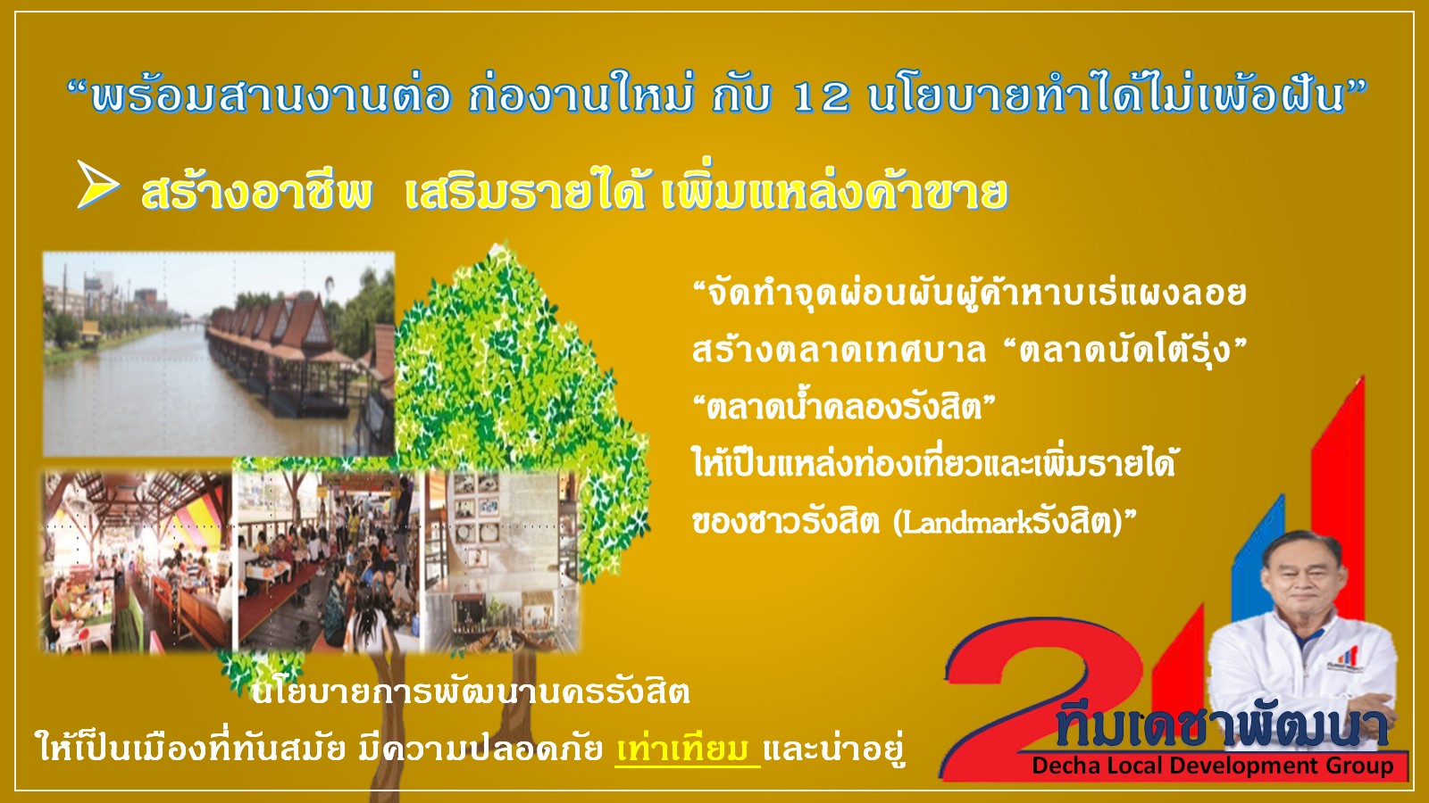 ดร.เดชา กลิ่นกุสุม ผู้สมัครนายกเทศมนตรีนครรังสิต เบอร์ 2
พร้อมผู้สมัครสมาชิกสภาเทศบาลนครรังสิต ทีมเดชาพัฒนา พร้อมสานงานต่อ
ก่องานใหม่ กับ 12 นโยบายทำได้ไม่เพ้อฝัน