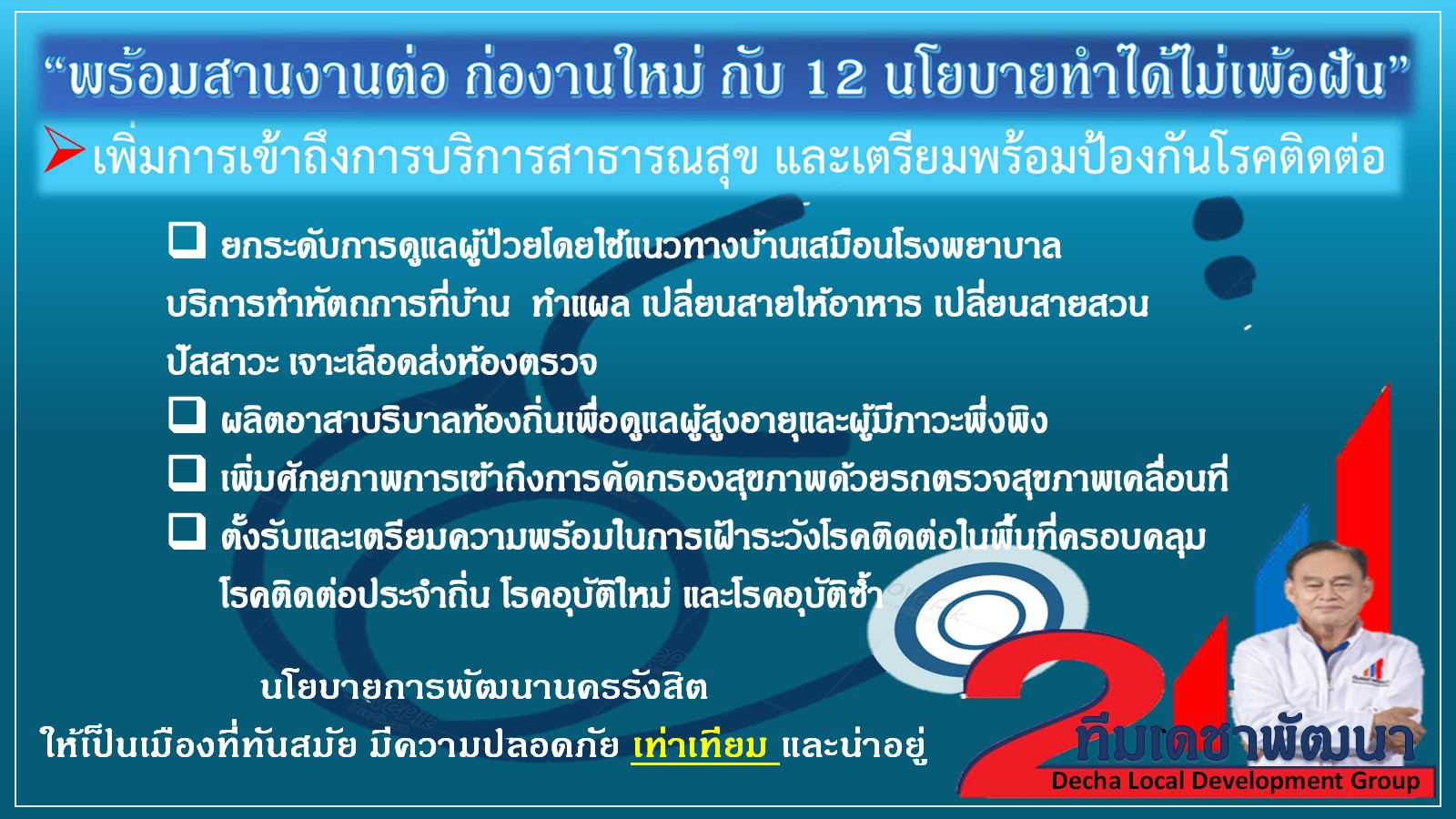 ดร.เดชา กลิ่นกุสุม ผู้สมัครนายกเทศมนตรีนครรังสิต เบอร์ 2
พร้อมผู้สมัครสมาชิกสภาเทศบาลนครรังสิต ทีมเดชาพัฒนา พร้อมสานงานต่อ
ก่องานใหม่ กับ 12 นโยบายทำได้ไม่เพ้อฝัน