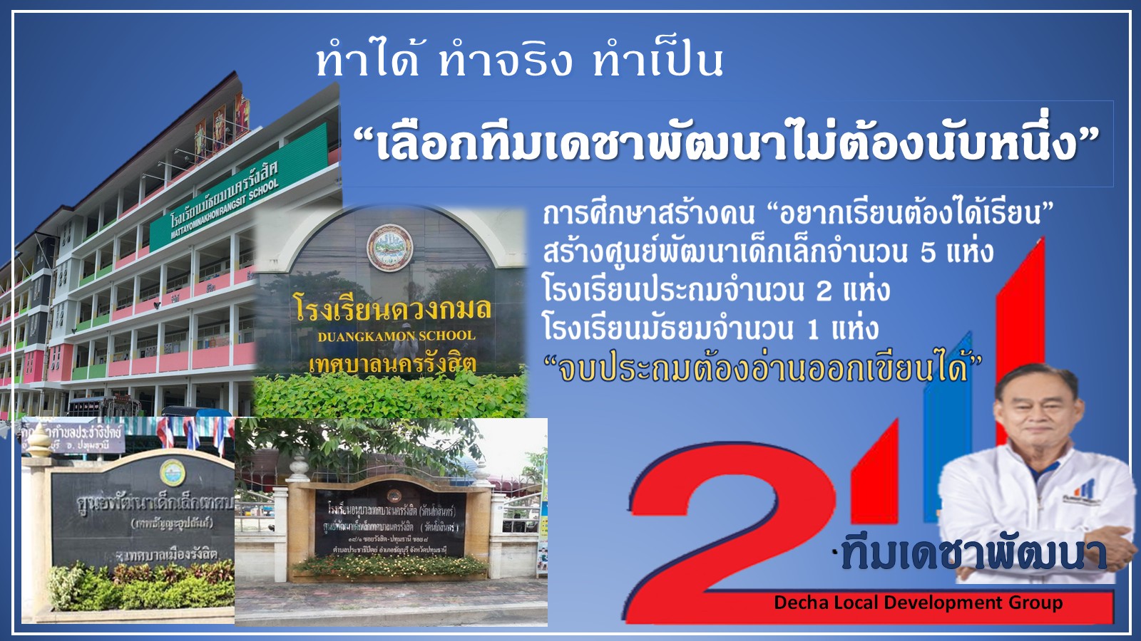 ดร.เดชา กลิ่นกุสุม ผู้สมัครนายกเทศมนตรีนครรังสิต เบอร์ 2
พร้อมผู้สมัครสมาชิกสภาเทศบาลนครรังสิต ทีมเดชาพัฒนา พร้อมสานงานต่อ
ก่องานใหม่ กับ 12 นโยบายทำได้ไม่เพ้อฝัน