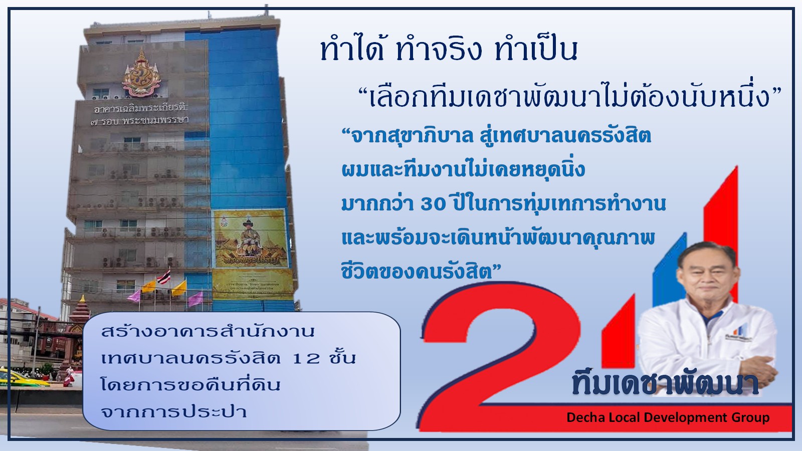ดร.เดชา กลิ่นกุสุม ผู้สมัครนายกเทศมนตรีนครรังสิต เบอร์ 2
พร้อมผู้สมัครสมาชิกสภาเทศบาลนครรังสิต ทีมเดชาพัฒนา พร้อมสานงานต่อ
ก่องานใหม่ กับ 12 นโยบายทำได้ไม่เพ้อฝัน